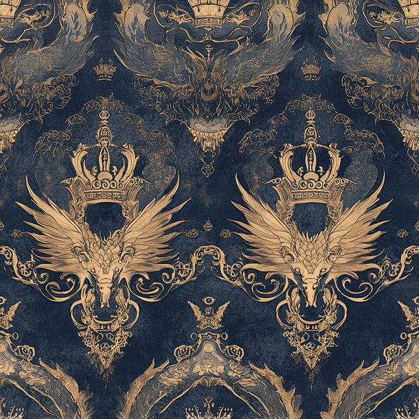 navy blue, gold, dragons, crowns, wings, royal heraldry, ornate pattern, baroque style, majestic,, fabric panel, metallic accents, mythical creatures, regal motifs, damask design, luxurious, decorative scrollwork, imperial, fantasy theme