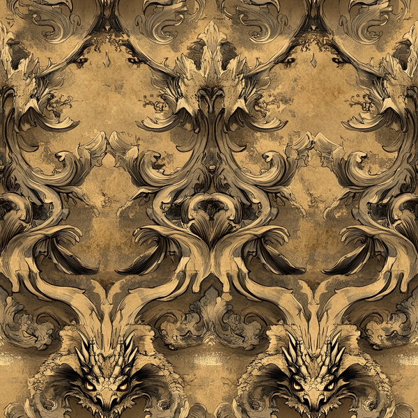 sepia, golden brown, bronze, antique gold, dragons, mythical creatures, ornate scrollwork, baroque pattern, damask design, vintage aesthetic, aged parchment, decorative flourishes, gothic elements, regal motifs,, fabric panel, symmetrical design, fantasy theme, medieval style, intricate details