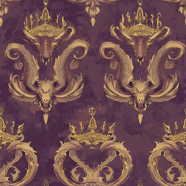 burgundy, gold, purple, dragons, serpents, crowns, royal motifs, ornate pattern, mythical creatures, scales, baroque style, regal design, reptilian, decorative swirls, majestic, fantasy theme,, fabric panel, repeating pattern, luxurious