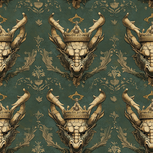 dragon pattern, crowned dragons, sage green, teal background, gold accents, cream colored, royal crowns, fantasy creatures, ornate design, baroque style, decorative flourishes, medieval inspired, regal motifs,, fabric panel, mythical beasts, heraldic design, vintage style, gothic elements, repeating pattern