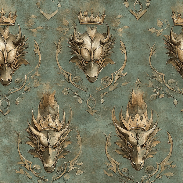 sage green, gold, bronze, dragon heads, crowns, royal motif, ornate scrollwork, heraldic design, medieval fantasy, regal pattern,, fabric panel, mythical creatures, decorative flourishes, vintage style, gothic elements, repeating pattern, antique finish, majestic theme