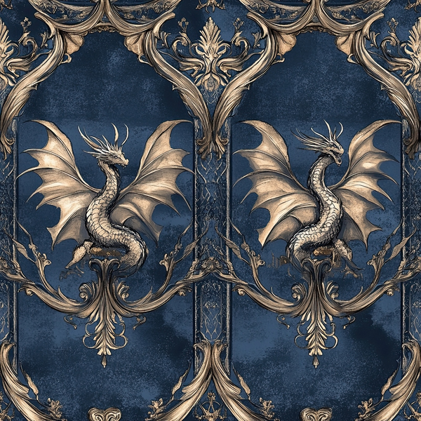 navy blue, gold, bronze, dragons, winged creatures, ornate scrollwork, baroque pattern, decorative flourishes, mythical beasts, symmetrical design, regal motifs,, fabric panel, fantasy theme, intricate detailing, royal aesthetic, damask style, reptilian scales, medieval inspired, luxurious pattern