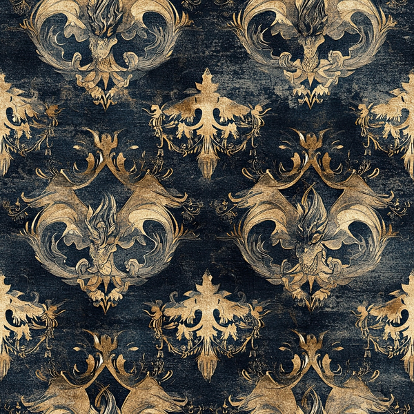 navy blue, gold, dragons, mythical creatures, ornate scrollwork, baroque pattern, regal motifs, vintage texture, distressed finish,, fabric panel, decorative flourishes, heraldic design, antique style, royal blue, bronze accents, fantasy creatures, repeating pattern, luxurious appearance, aged patina