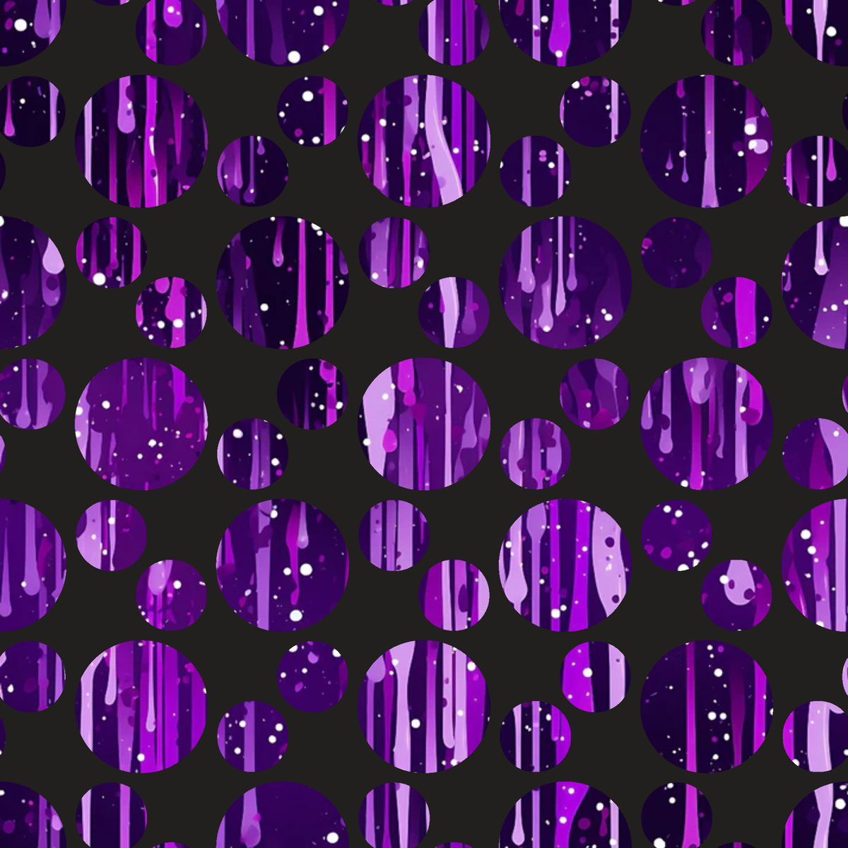 purple, magenta, violet, lavender, black, dripping liquid, abstract drops, geometric circles, modern pattern, contemporary design,, fabric panel, liquid motion, flowing design, bubble pattern, digital print, crafting material, sewing fabric, artistic design, vibrant colors