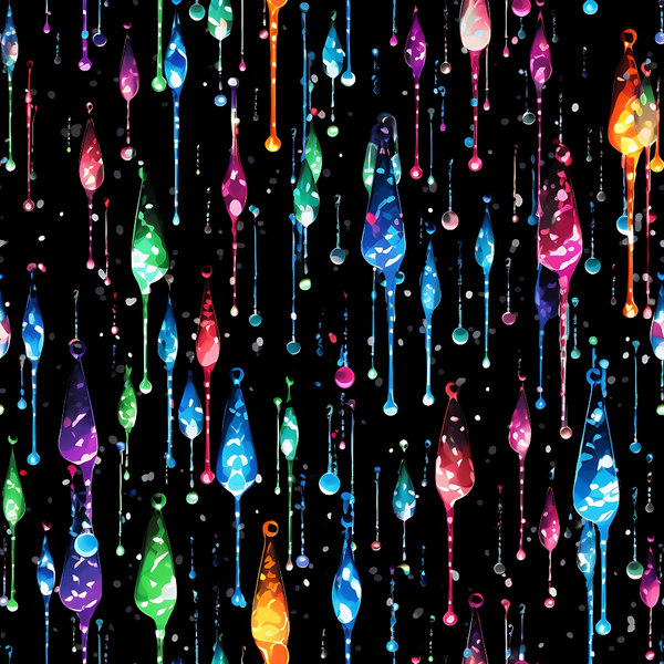 dripping liquid, rainbow colors, vertical drips, colorful droplets, geometric shapes, blue, purple, pink, green, orange, yellow, black background, abstract pattern, modern design,, fabric panel, vibrant colors, flowing design, contemporary art, liquid drops