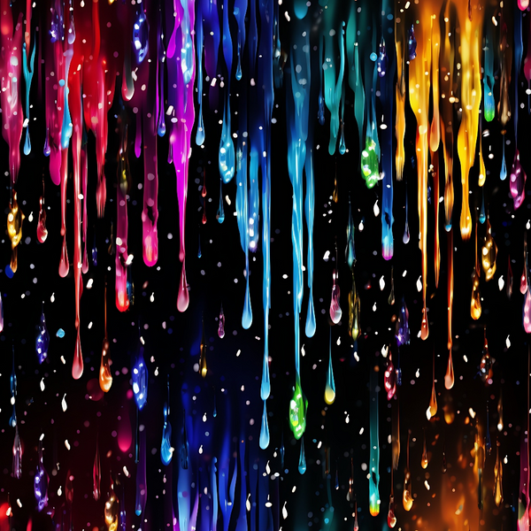 dripping liquid, rainbow colors, vibrant hues, red droplets, blue streams, purple drops, orange flows, yellow drips, pink splashes, turquoise streams, neon colors, flowing pattern, liquid motion, paint drips, cosmic background, electric colors,, fabric panel, luminous effects, abstract design, modern pattern