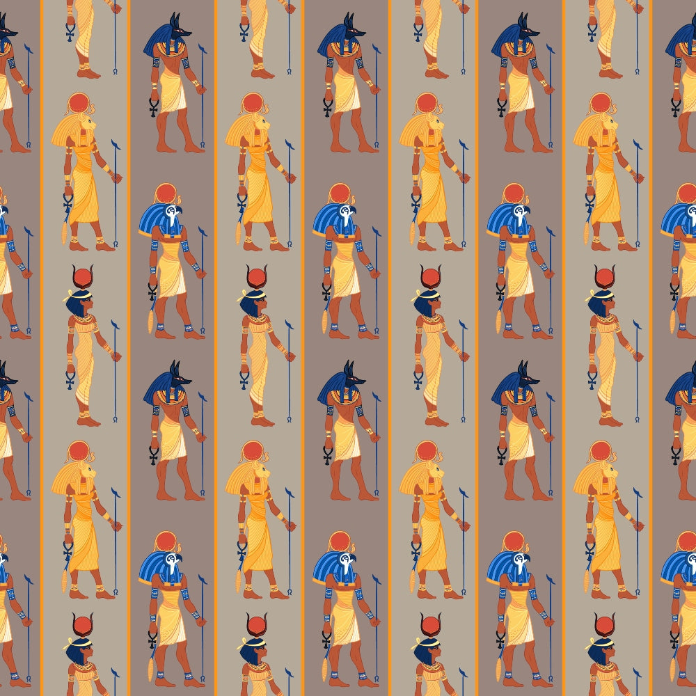 egyptian gods, ancient figures, hieroglyphs, repeating pattern, orange stripes, blue headdresses, yellow garments, tan background, cultural motifs, mythology, pharaoh figures, ankh symbols, staffs, vertical stripes,, fabric panel, historical theme, desert colors, earth tones, geometric layout