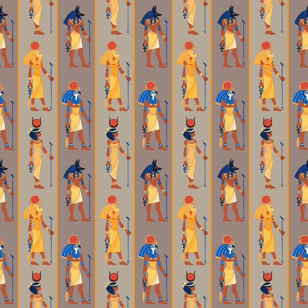 egyptian gods, ancient figures, hieroglyphs, repeating pattern, orange stripes, blue headdresses, yellow garments, tan background, cultural motifs, mythology, pharaoh figures, ankh symbols, staffs, vertical stripes,, fabric panel, historical theme, desert colors, earth tones, geometric layout