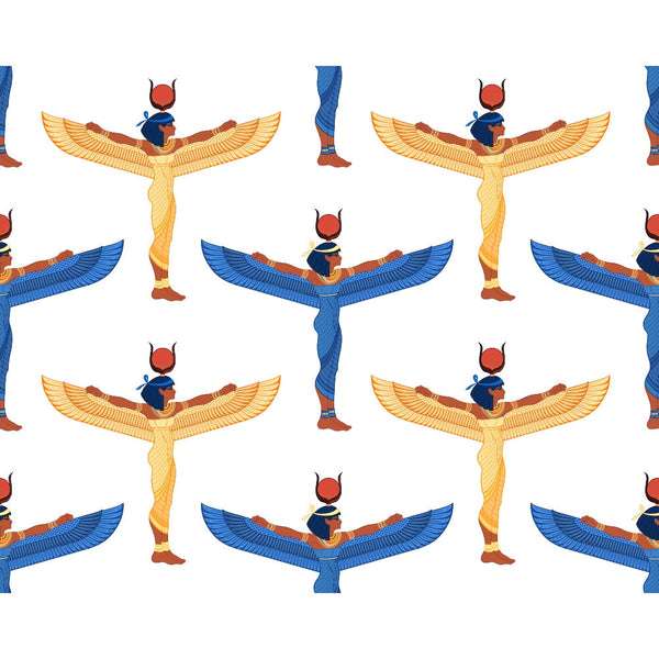 egyptian goddess, winged deity, gold wings, blue wings, red sun disk, ancient mythology, repeating pattern,, fabric panel, egyptian art style, hieroglyphic design, blue and gold, red accents, goddess isis, mythological figures, ancient symbols, decorative motifs, craft fabric, sewing material