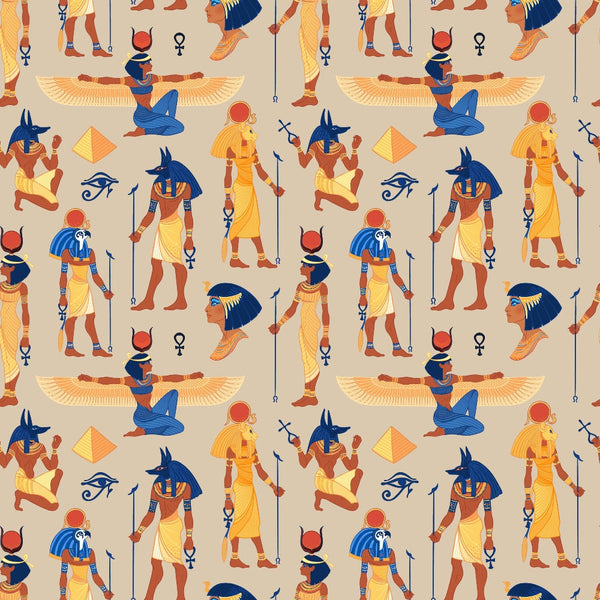 egyptian mythology, ancient egypt, pharaohs, gods and goddesses, anubis, hieroglyphics, winged figures, pyramids, eye of horus, ankh symbols, golden yellow, deep blue, terracotta, beige background, repeating pattern,, fabric panel, historical motifs, sacred symbols, egyptian deities