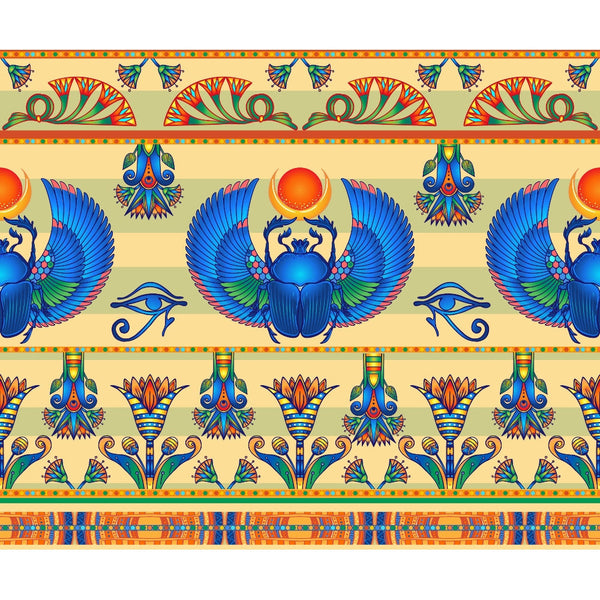 egyptian motifs, scarab beetles, winged beetles, eye of horus, lotus flowers, papyrus plants, turquoise blue, royal blue, orange red, golden yellow, green accents, ancient symbols, hieroglyphic patterns, repeating borders, ornate designs,, fabric panel, mystical imagery, pharaoh symbols, decorative stripes