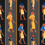 egyptian gods, ancient mythology, anubis, pharaoh figures, hieroglyphic art, red sun disk, blue headdress, golden yellow, burnt orange, deep red, dark gray background, repeating pattern, vertical stripes,, fabric panel, mythological characters, egyptian deities, ancient civilization, ornate costumes, staffs and scepters