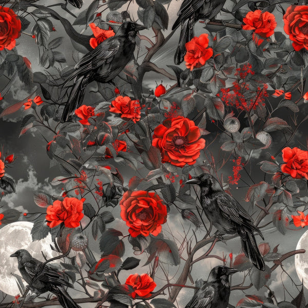 Moonlit Raven Garden Pattern 10 fleece fabric with crimson roses, black ravens, charcoal foliage and shadowy branches on a gray ground