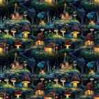 fairy houses, mushroom houses, enchanted forest, whimsical cottages, magical village, deep blue, emerald green, golden yellow, warm orange, purple mushrooms, red toadstools, glowing windows, starry night, fantasy landscape,, repeating pattern, storybook illustration, mystical scene, forest dwellings, fairy tale motif