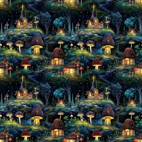 fairy houses, mushroom houses, enchanted forest, whimsical cottages, magical village, deep blue, emerald green, golden yellow, warm orange, purple mushrooms, red toadstools, glowing windows, starry night, fantasy landscape,, repeating pattern, storybook illustration, mystical scene, forest dwellings, fairy tale motif