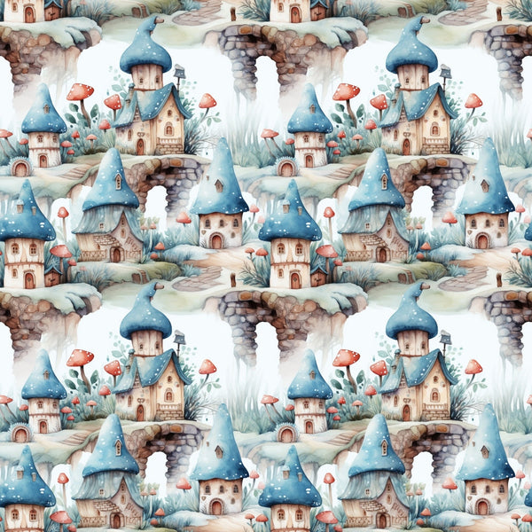 fairy houses, whimsical cottages, blue roofs, mushroom homes, red toadstools, stone bridges, watercolor style, fantasy village, enchanted scene,, fabric panel, soft pastels, cream background, magical dwellings, storybook illustration, repeating pattern, winter scene, snowy landscape, fairy tale motif, children's fabric
