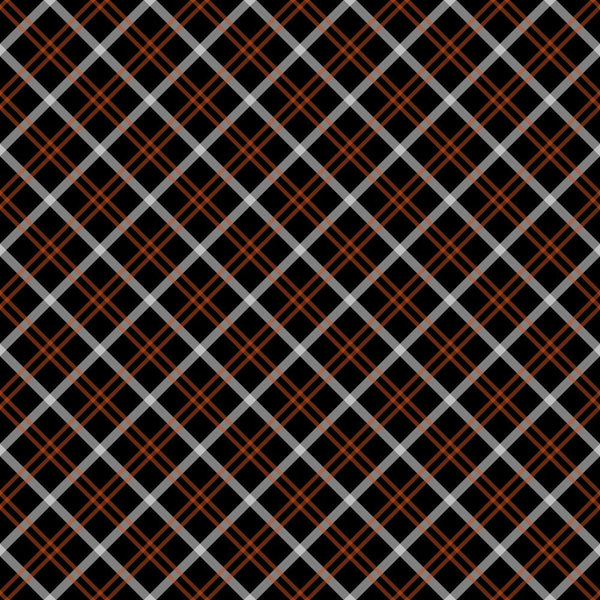 orange, black, gray, plaid pattern, diagonal stripes, crosshatch design, geometric pattern, fall colors, autumn theme,, fabric panel, intersecting lines, woven appearance, seasonal fabric, craft material, sewing fabric, repetitive pattern, angular design