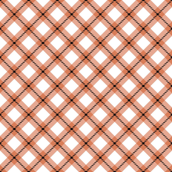 fall orange, coral pink, peach, white, black stripes, diagonal plaid, checkered pattern, crisscross design, geometric,, fabric panel, autumn colors, warm tones, intersecting lines, rope texture, seasonal fabric, craft material, patchwork suitable