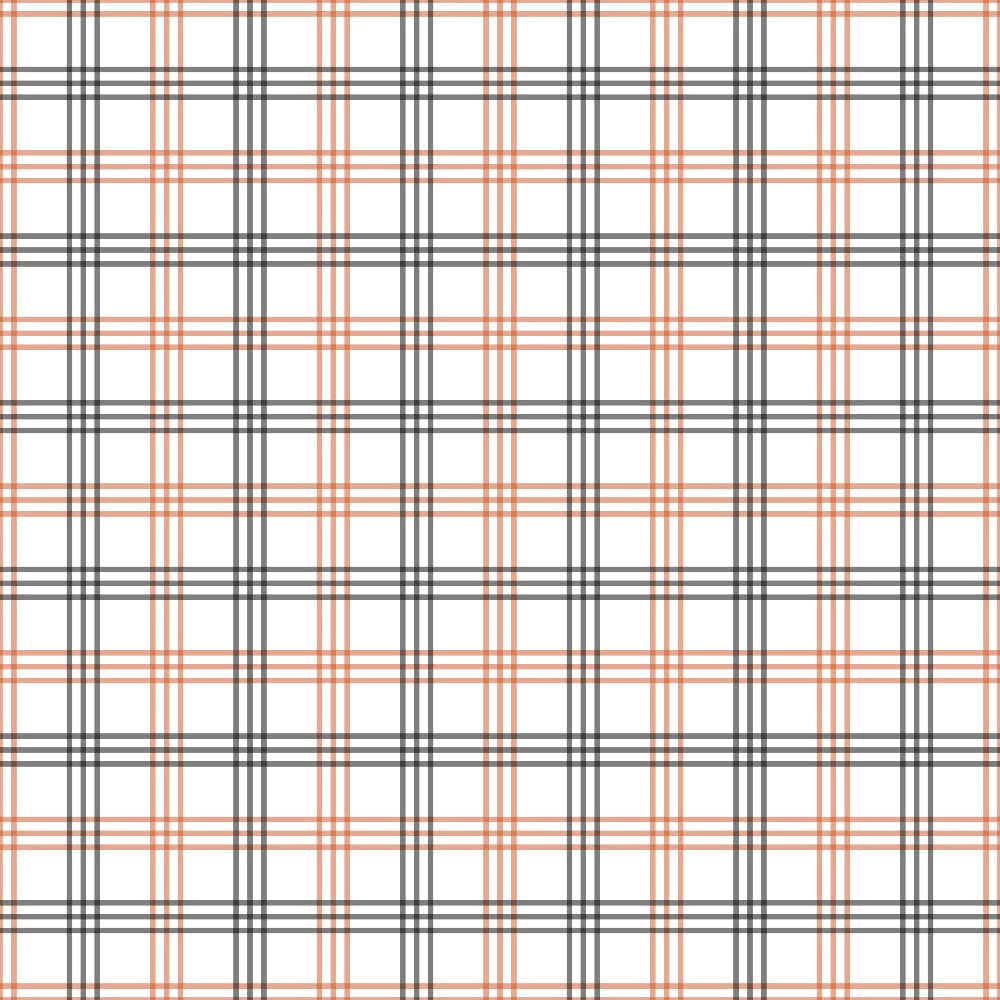 fall orange, plaid pattern, tartan, checkered design, autumn colors, coral pink, charcoal gray, white background, geometric lines, intersecting stripes,, fabric panel, seasonal fabric, warm tones, repeating pattern, woven appearance, craft fabric, sewing material, rectangular grid, crosshatch design