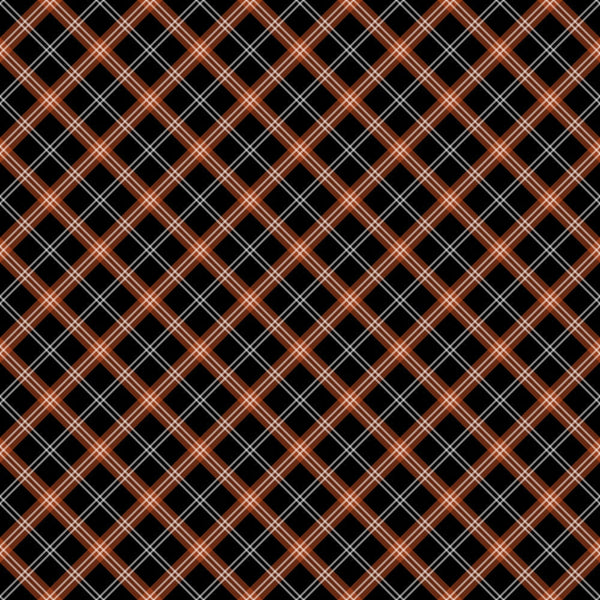fall orange, black background, white lines, plaid pattern, diagonal stripes, crosshatch design, geometric pattern, autumn colors,, fabric panel, seasonal fabric, orange plaid, tartan style, intersecting lines, fall themed, harvest colors, craft fabric, sewing material