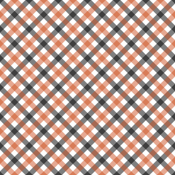 fall orange, charcoal gray, white, coral, plaid pattern, diagonal stripes, gingham, checkered design,, fabric panel, autumn colors, geometric pattern, crosshatch design, woven appearance, seasonal fabric, craft material, patchwork suitable, harvest theme, warm tones, textile design