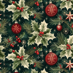 Festive Traditional Christmas pattern on deep green fleece fabric with holly, red berries, pine needles, ornaments, snowflakes and stars