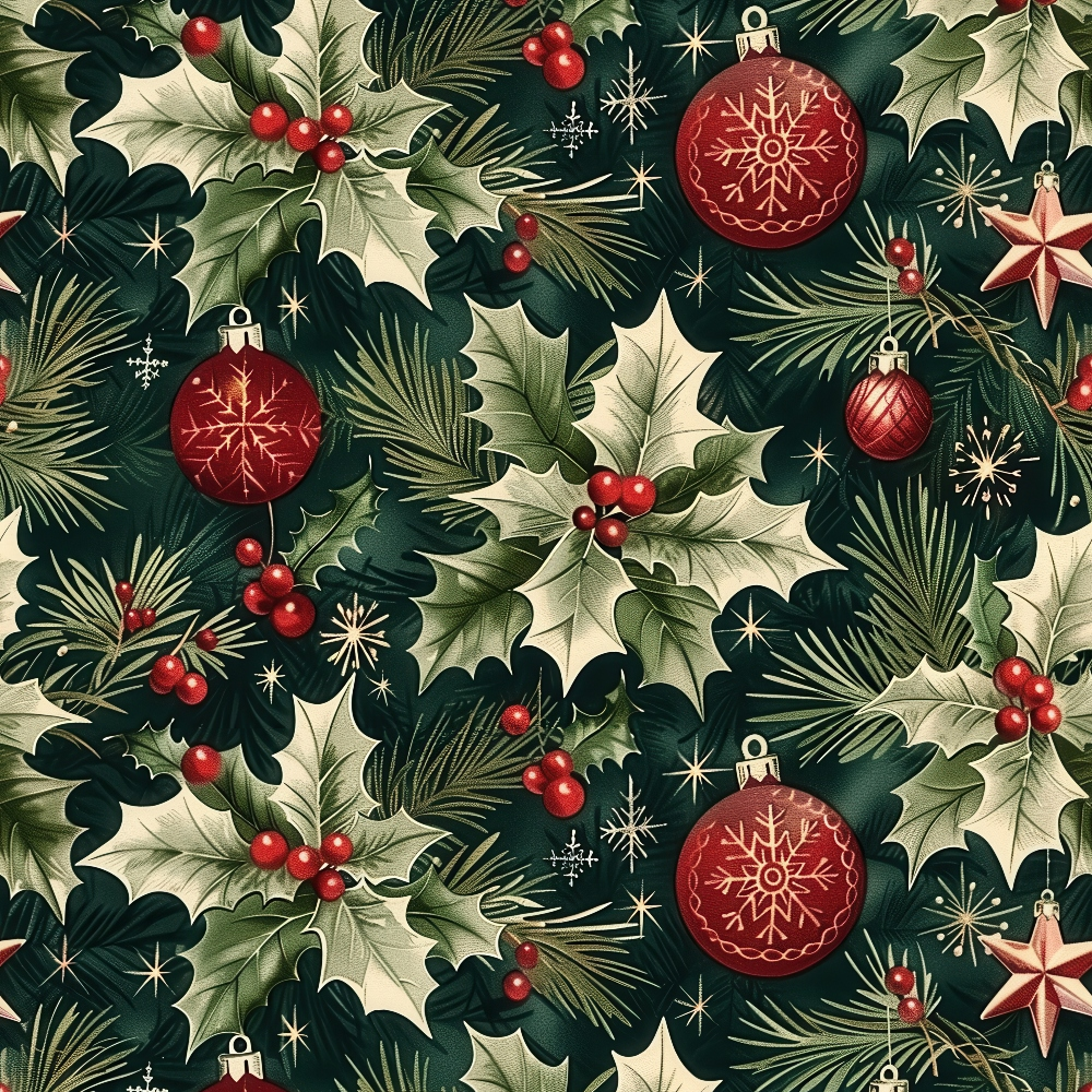 Festive Traditional Christmas pattern on deep green fleece fabric with holly, red berries, pine needles, ornaments, snowflakes and stars