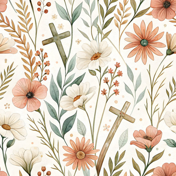 Sacred Meadow Pattern 6 fleece fabric with peach and white wildflowers, leafy stems and cross motifs on a light background