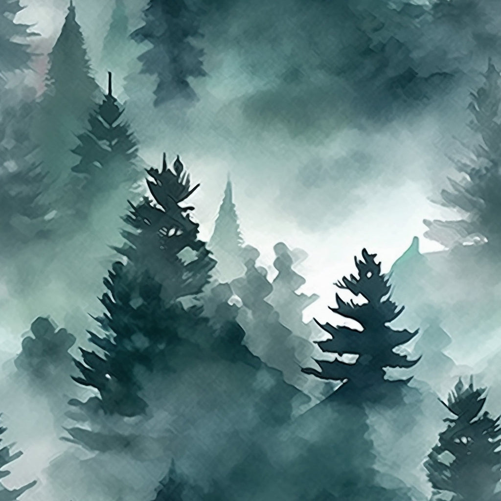 Misty Woodland Brook Pattern 3 fleece fabric with misty teal-gray fog, layered pine trees and dark evergreen silhouettes