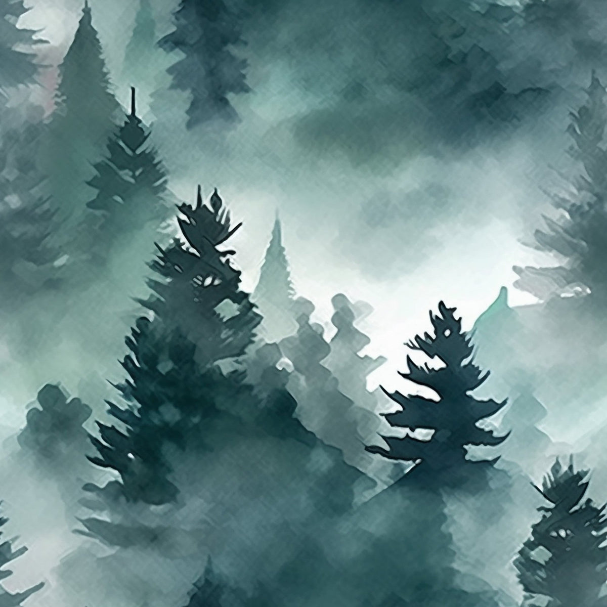 Misty Woodland Brook Pattern 3 fleece fabric with misty teal-gray fog, layered pine trees and dark evergreen silhouettes