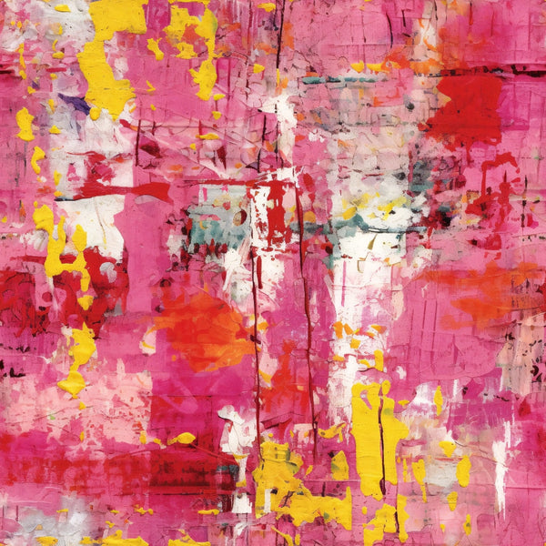 pink, magenta, yellow, white, red, orange, grunge, distressed, abstract, plaster texture, cracked paint, weathered, peeling paint, urban decay, cotton fabric, quilting panel, artistic, contemporary, textured surface, layered paint, worn finish