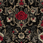 damask pattern, floral motifs, red flowers, burgundy blooms, black background, gold accents, beige foliage, ornate scrollwork, baroque style, decorative flourishes,, fabric panel, elegant design, gothic aesthetic, symmetrical pattern, vintage inspired, rich colors, luxurious feel, intricate details, formal pattern