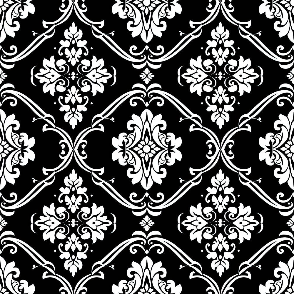 black, white, damask, ornate scrollwork, floral motifs, baroque style, gothic pattern, decorative swirls, elegant flourishes,, fabric panel, intricate details, symmetrical design, vintage inspired, dramatic contrast, botanical elements, ornamental pattern, high contrast, monochrome, repeating motif