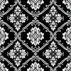 black, white, damask, ornate scrollwork, floral motifs, baroque style, gothic pattern, decorative swirls, elegant flourishes,, fabric panel, intricate details, symmetrical design, vintage inspired, dramatic contrast, botanical elements, ornamental pattern, high contrast, monochrome, repeating motif