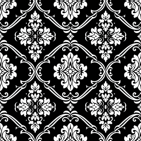 black, white, damask, ornate scrollwork, floral motifs, baroque style, gothic pattern, decorative swirls, elegant flourishes,, fabric panel, intricate details, symmetrical design, vintage inspired, dramatic contrast, botanical elements, ornamental pattern, high contrast, monochrome, repeating motif