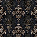 gothic damask, black background, bronze accents, copper tones, metallic sheen, ornate scrollwork, baroque flourishes, floral motifs, symmetrical pattern, vintage elegance,, fabric panel, dark romance, decorative swirls, antique finish, rich texture, moody atmosphere, intricate details, damask weave