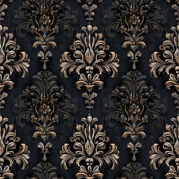 gothic damask, black background, bronze accents, copper tones, metallic sheen, ornate scrollwork, baroque flourishes, floral motifs, symmetrical pattern, vintage elegance,, fabric panel, dark romance, decorative swirls, antique finish, rich texture, moody atmosphere, intricate details, damask weave