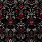 gothic damask, burgundy red, charcoal black, silver gray, ornate florals, baroque scrollwork, decorative motifs, vintage roses, elaborate swirls, dark romantic, moody elegance,, fabric panel, victorian inspired, intricate embellishments, floral damask, ornamental design, rich jewel tones, sophisticated pattern, decorative flourishes