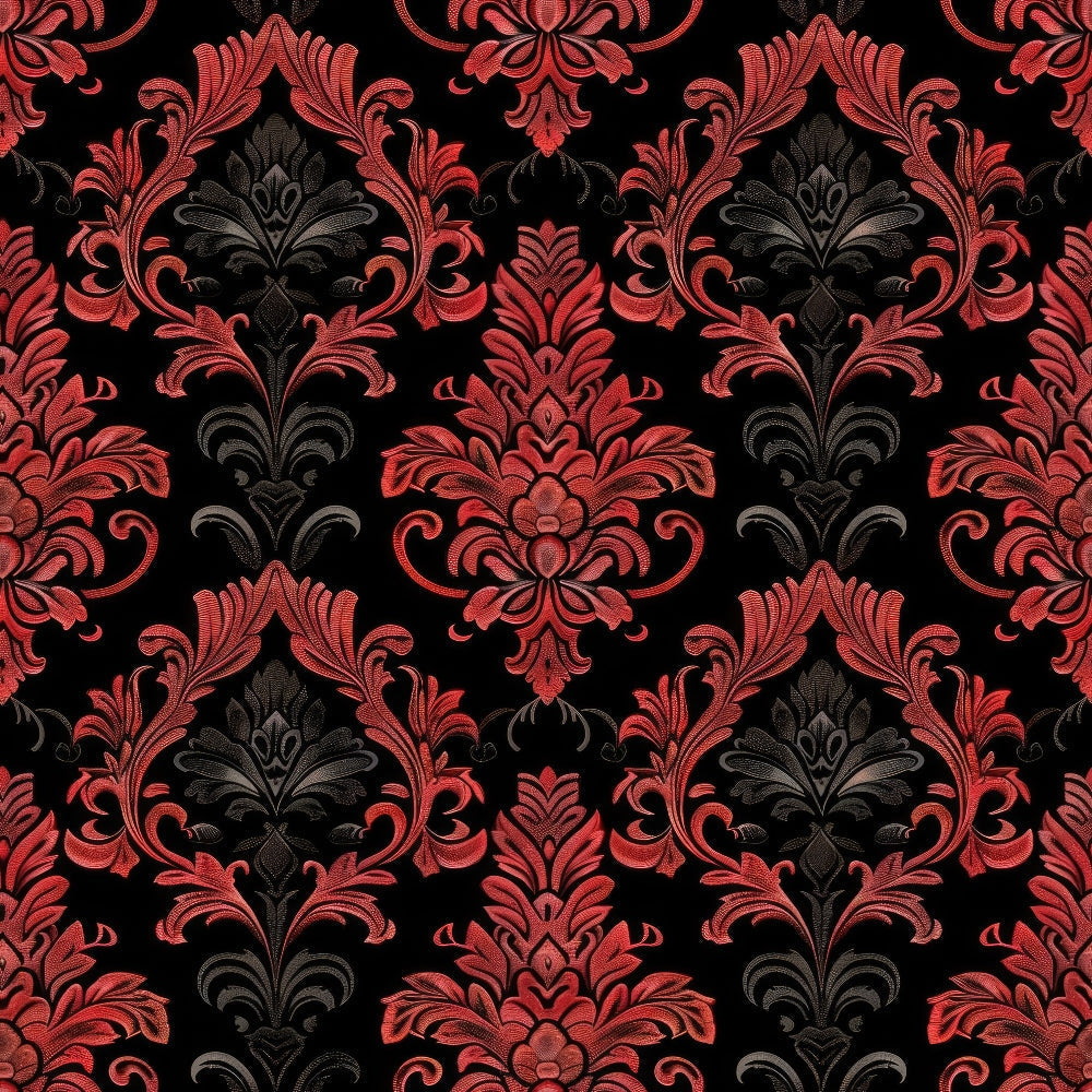red, black, charcoal gray, damask pattern, ornate scrollwork, floral motifs, baroque design, gothic style, repeating pattern, intricate details, decorative flourishes, acanthus leaves, symmetrical design, elegant curves,, fabric panel, dramatic contrast, luxurious appearance, victorian inspired, formal pattern
