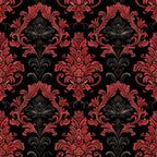 red, black, charcoal gray, damask pattern, ornate scrollwork, floral motifs, baroque design, gothic style, repeating pattern, intricate details, decorative flourishes, acanthus leaves, symmetrical design, elegant curves,, fabric panel, dramatic contrast, luxurious appearance, victorian inspired, formal pattern