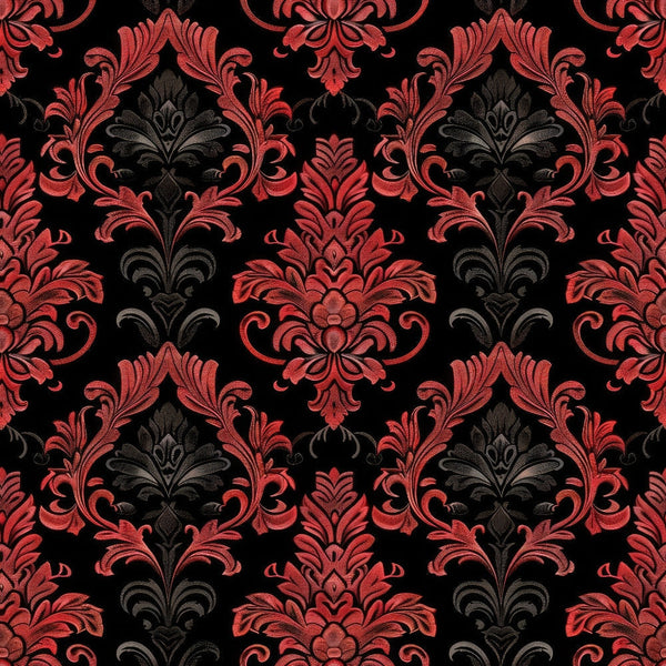 red, black, charcoal gray, damask pattern, ornate scrollwork, floral motifs, baroque design, gothic style, repeating pattern, intricate details, decorative flourishes, acanthus leaves, symmetrical design, elegant curves,, fabric panel, dramatic contrast, luxurious appearance, victorian inspired, formal pattern