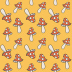 orange background, red mushrooms, white polka dots, toadstool pattern, groovy style, retro design, psychedelic motif, repeating pattern,, fabric panel, 1960s inspired, whimsical mushrooms, geometric spots, vintage aesthetic, funky design, nature motifs, golden yellow, coral red, cream stems