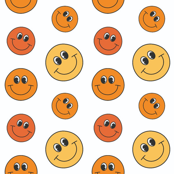 orange, yellow, red, smiley faces, happy faces, groovy, retro, 1970s style, peace, love, cheerful, bright colors, repeating pattern,, fabric panel, warm tones, circular motifs, vintage vibes, uplifting mood, crafting material