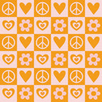 orange, pink, peace signs, hearts, flowers, groovy, retro, 1960s style, checkerboard pattern, alternating squares, hippie, love symbols, floral motifs, psychedelic, vintage inspired,, fabric panel, geometric layout, mod style, flower power