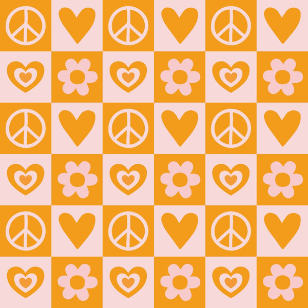 orange, pink, peace signs, hearts, flowers, groovy, retro, 1960s style, checkerboard pattern, alternating squares, hippie, love symbols, floral motifs, psychedelic, vintage inspired,, fabric panel, geometric layout, mod style, flower power