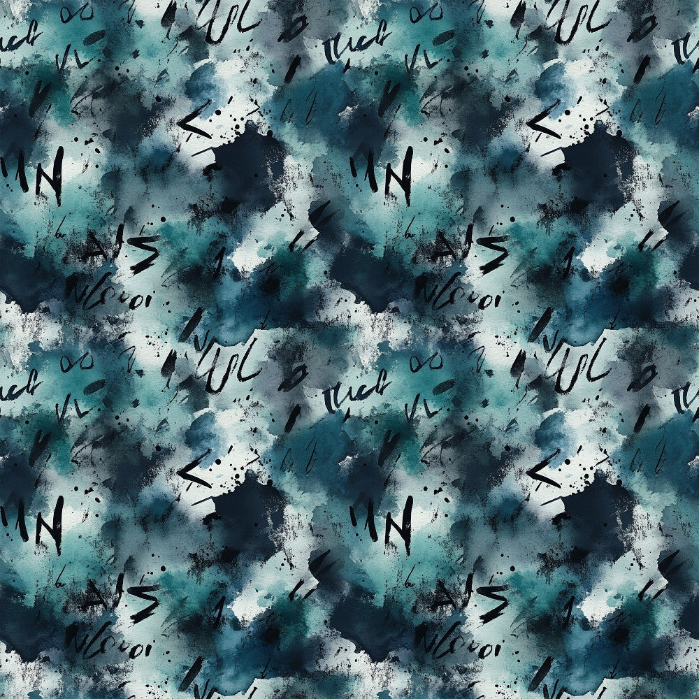 teal, navy blue, white, grunge pattern, abstract design, watercolor effect, paint splatters, brushstrokes, arrows, geometric shapes, modern art, contemporary style,, fabric panel, artistic motif, distressed texture, urban aesthetic, mixed media look, scattered elements, moody atmosphere