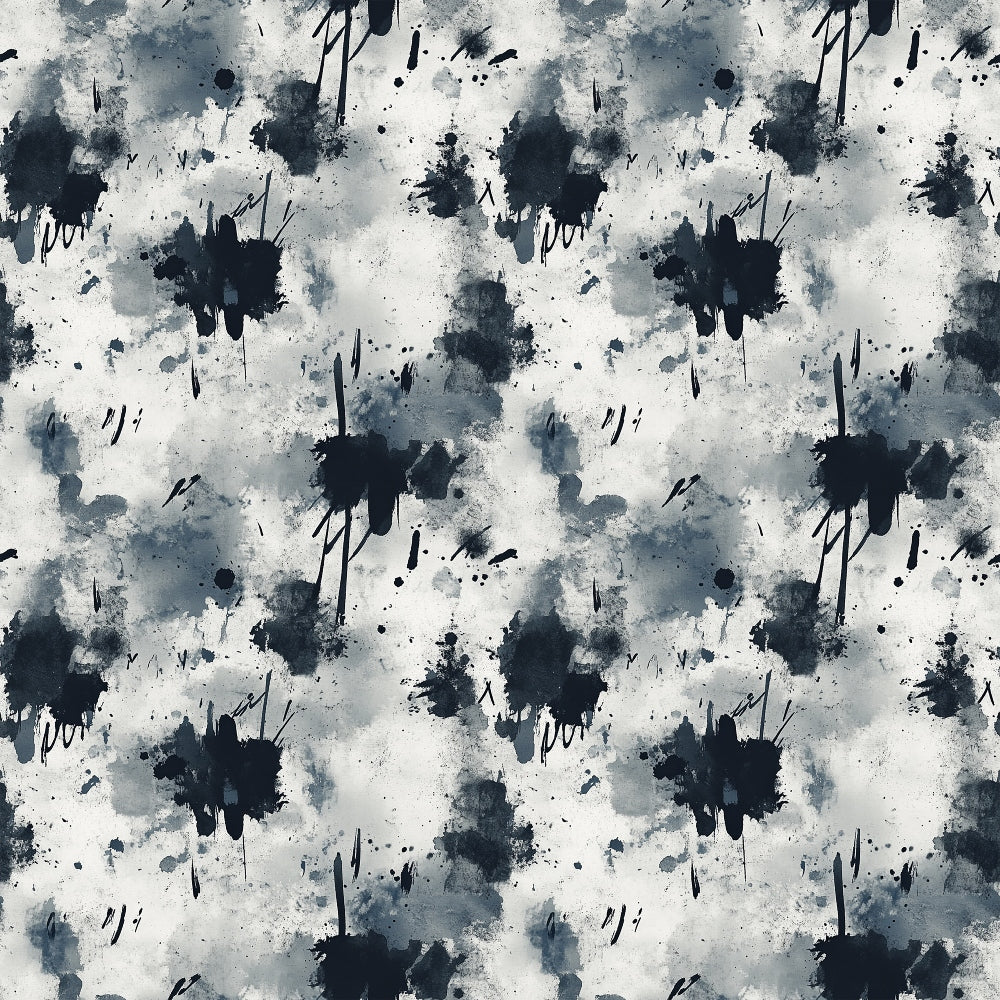 grunge pattern, ink blots, paint splatters, abstract design, dark navy, charcoal gray, off white, weathered texture, distressed look, artistic splashes, moody aesthetic,, fabric panel, contemporary style, urban vibe, textured surface, irregular shapes, modern pattern, edgy design