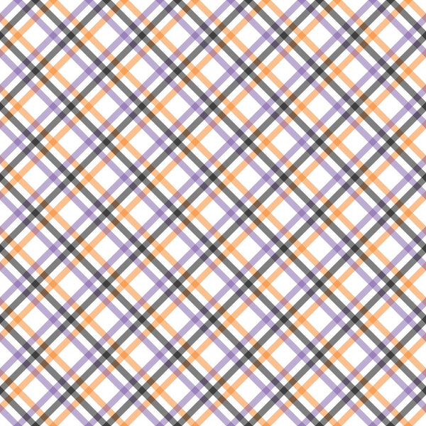 halloween plaid, diagonal stripes, orange, purple, black, white, geometric pattern, crosshatch design, bias plaid,, fabric panel, halloween basics, seasonal fabric, autumn colors, chevron elements, woven appearance, cotton fabric, halloween themed, plaid weave, diagonal grid