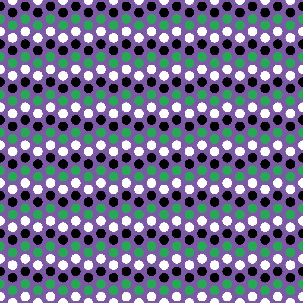 purple, black, white, green, polka dots, geometric pattern, repeating circles, spot design, halloween colors,, fabric panel, dotted pattern, circular motifs, alternating rows, festive pattern, seasonal fabric, craft material, sewing fabric, halloween basics