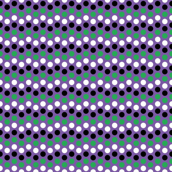 purple, black, white, green, polka dots, geometric pattern, repeating circles, spot design, halloween colors,, fabric panel, dotted pattern, circular motifs, alternating rows, festive pattern, seasonal fabric, craft material, sewing fabric, halloween basics